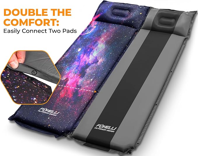 Foxelli Self Inflating Sleeping Pad for Camping, Backpacking, Hiking, Insulated Foam Lightweight Camping Mat, Inflatable Camp Mattress with Pillow