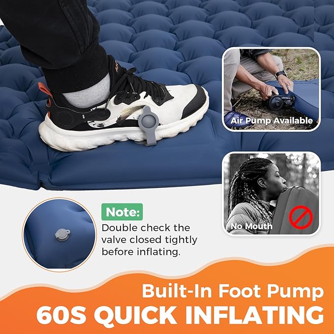 KingCamp Sleeping Pads for Camping, Self Inflating Camping Mattress with Built-in Foot Pump, Connectable Durable Inflatable Sleeping Mat with Pillow, Compact Camping Air Mattress for Camping Hiking