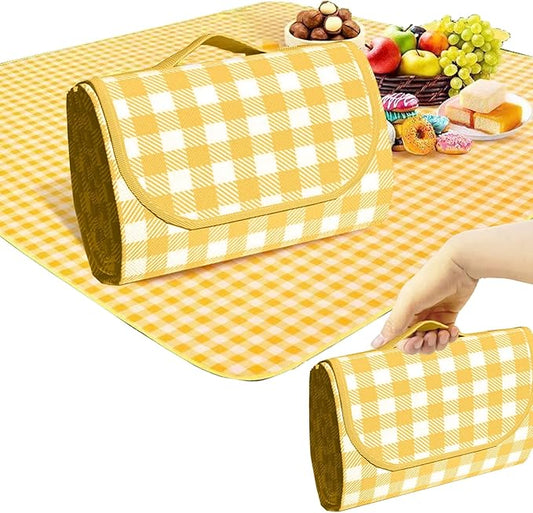 Oversized outdoor placemat Light Weight waterproof folding tote bag Yellow and White Stripes Perfect for Beach Lawn parties (Yellow and White stripes) (60""×80 "")