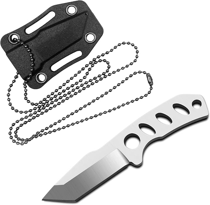 Small Neck Knife Mini Full Tang EDC Tanto Fixed Blade Knife with Kydex Sheath and Necklace - Cool Tactical Pocket Knives for Men and Women - Survival Camping Hiking Boy Scout Tools (White)