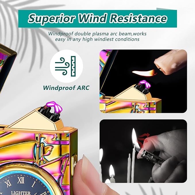 Plasma Lighters Electric Lighters Rechargeable Flameless Windproof Arc Lighter with Clock dial Vintage Cool Lighters for Candles, Incense, Outdoor, Camping (Color