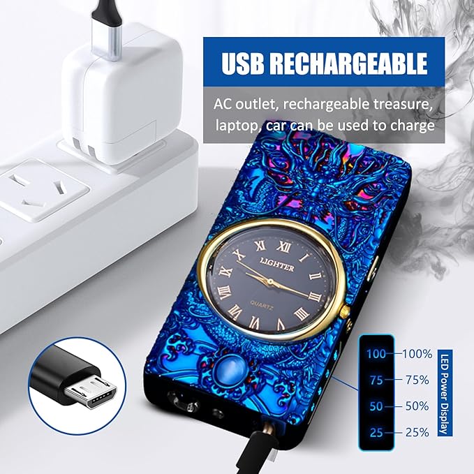 Cool Lighter with Clock Dial Electric Lighter with LED Power Display Plasma Lighter Windproof USB Rechargeable Lighter Gifts for Men Women(BlueDragon)