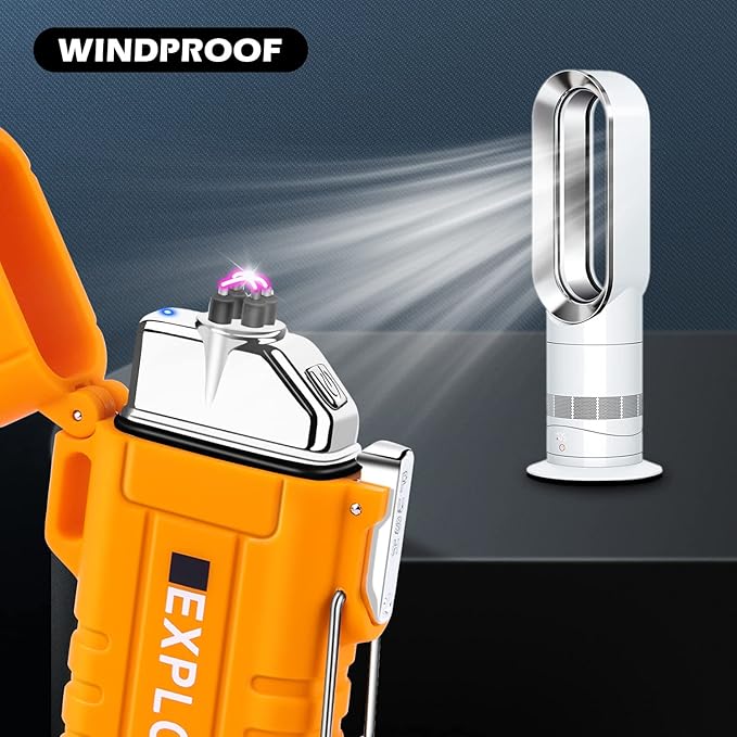 LcFun Arc Plasma Waterproof Lighter Electric Windproof Lighter USB Type C Rechargeable Flameless Cool Lighters with Flashlight and Whistle for Camping, Survival,Outdoor Adventure, Tactical (Orange)