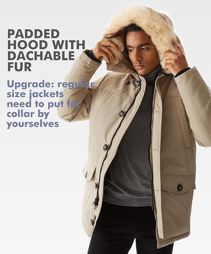 PUREMSX Winter Jackets for Men, Insulated Thick Warm Padded Puffer Coat with Fur Hood