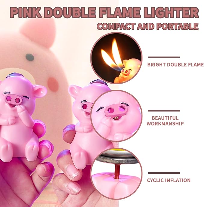 Cute Pink Piggy Shape Dual Soft Flame Butane Torch Lighters Refillable Animal Novelty Lighter for Gifts Fireplace Candle Camping BBQ (Without Gas) (16)