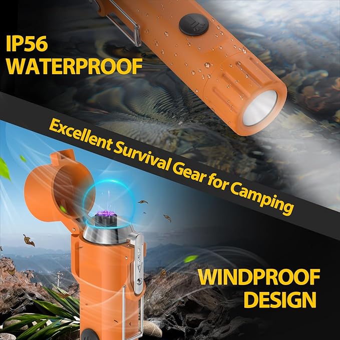 Electric Waterproof Lighters Gifts for Men: LED Flashlight Lighter Christmas Stocking Stuffers for Adults Him Dad Husband Boy Birthday - 3-in-1 USB Dual Arc Outdoor BBQ Camping Hunting Survival Gadget