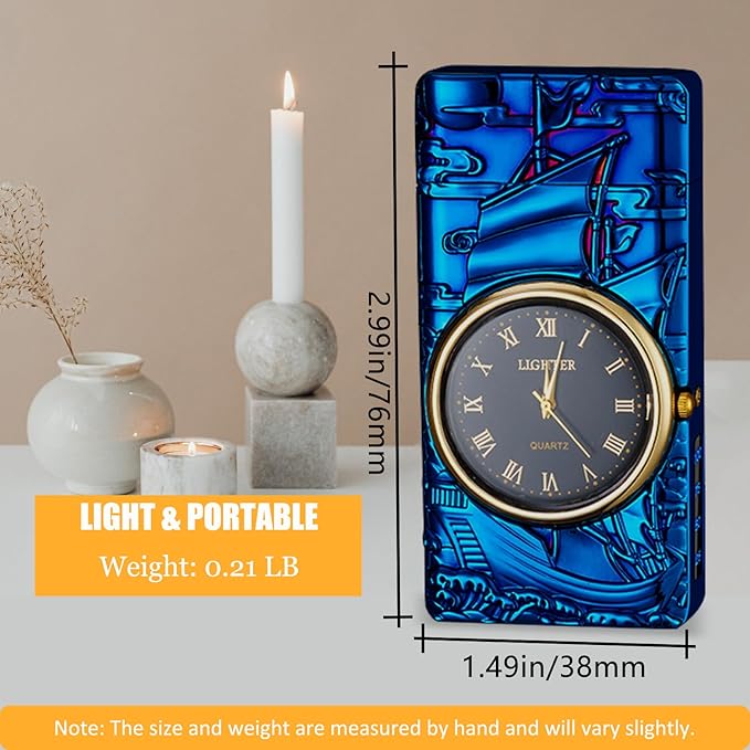 Cool Lighter with Clock Dial Electric Lighter with LED Power Display Plasma Lighter Windproof USB Rechargeable Lighter Gifts for Men Women (Sailboat-Blue)