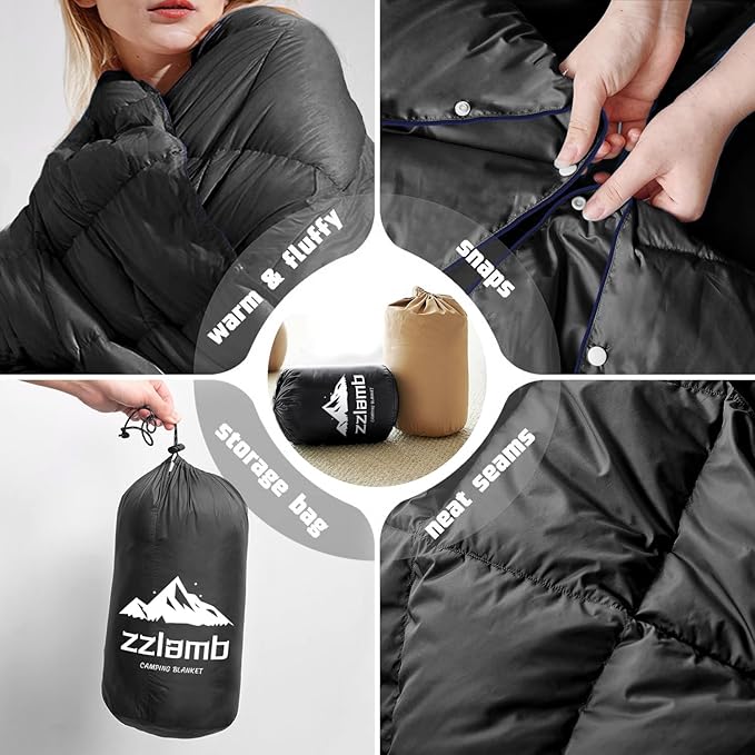 Mini Down Camping Blanket,Puffy Down Blanket Packable Lightweight Down Throw Quilt Water-Resistant Outdoor Travel Blanket for Camping,Hiking,Stadium,Picnic,Car 39x55''Black