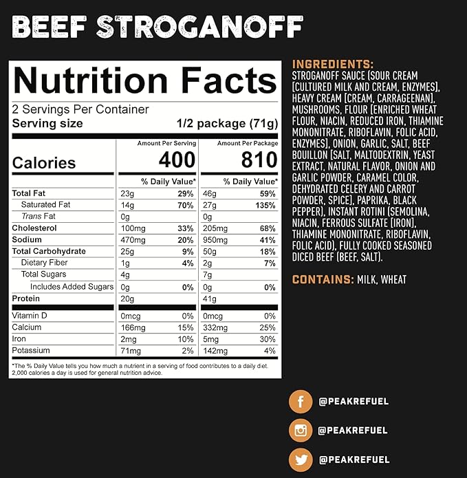 Peak Refuel Beef Stroganoff | Freeze Dried Backpacking and Camping Food | Amazing Taste | High Protein | Real Meat | Quick Prep (6-Pack)
