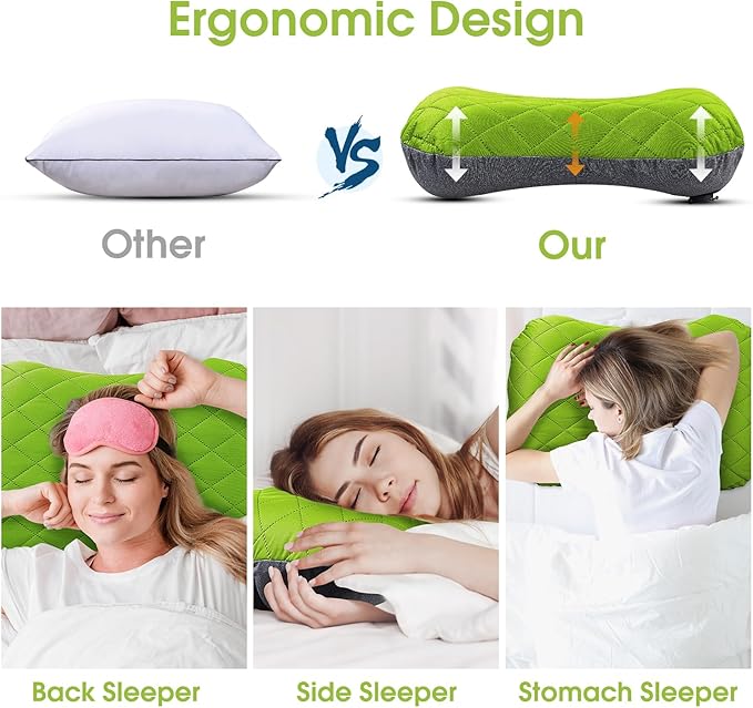 Inflatable Camping Pillow with Removable Cover - Ultralight Compact Camp Pillows for Sleeping, Backpacking, Hiking, Beach, Outdoor - Portable Blow Up Air Travel Pillow for Neck & Lumbar Support -Green