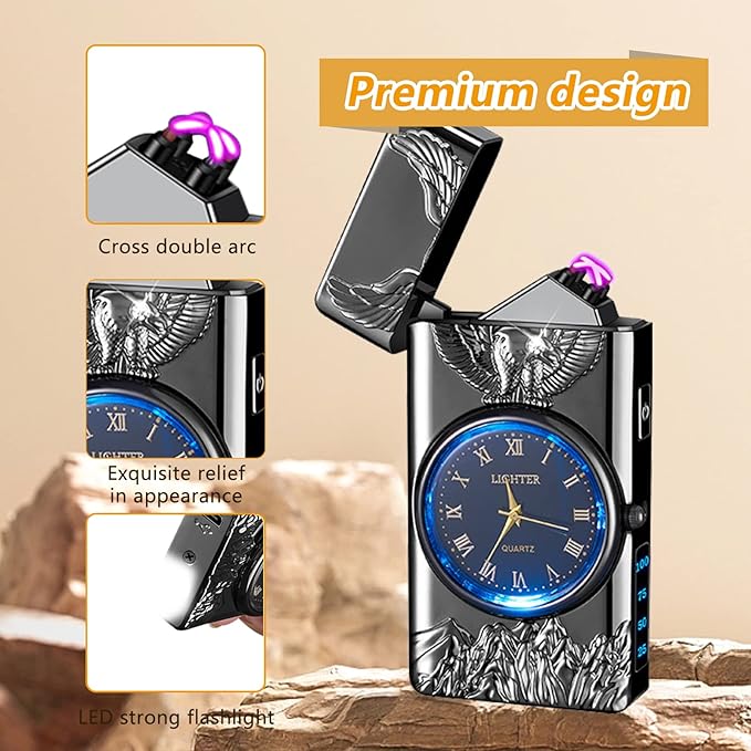 Plasma Lighter USB Rechargeable with led Display arc Lighter with Clock dial time Display Cool Lighter for Father's Day(Black)