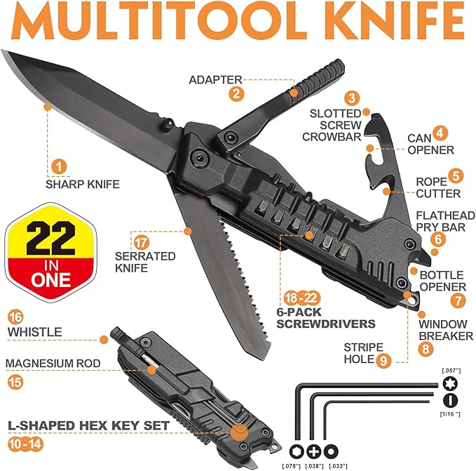 Pocket Knife 22 in 1 Multitool - Pocket Knife for Men, Gifts for Men Dad Husband, Multitool for Men - Christmas Birthday Gifts for Men, Stocking Stuffers for Men - Gift Idea for Camping, Outdoor