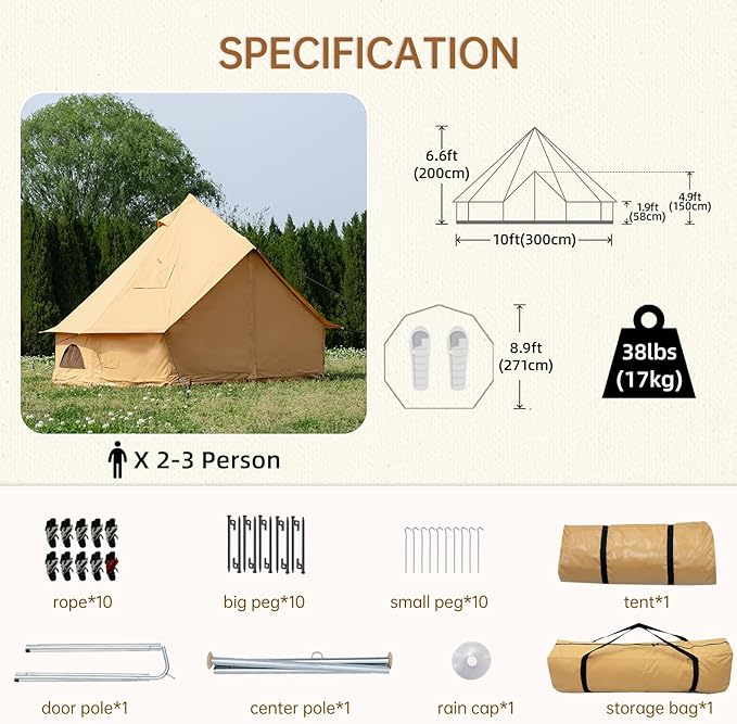 Cotton Canvas Bell Tent with Stove Jack, Roomy Yurt for Family Glamping Camping, 4 Season Tent with Zipped Removable Floor