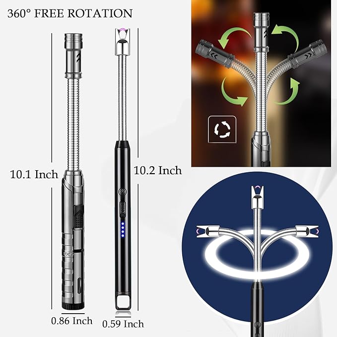 Candle Lighter, 2 Pack Set Flexible Neck Refillable Butane Torch Lighter and Electric Arc Lighter, USB Rechargeable with Battery Display, Jet Flame Windproof for BBQ, Camping, Safe & Versatile