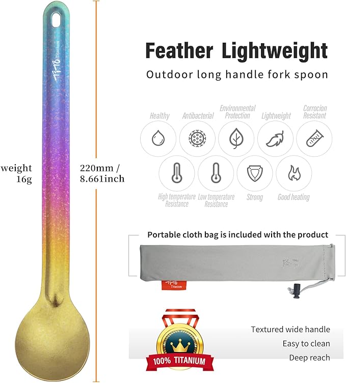 TiTo Titanium Long Handle Spork and Spoon Eco-Friendly Ultralight Portabale Flatware for Outdoor Camping Backpacking Hiking Travel Picnic Tableware with Bag(Bright Colorful Spoon)