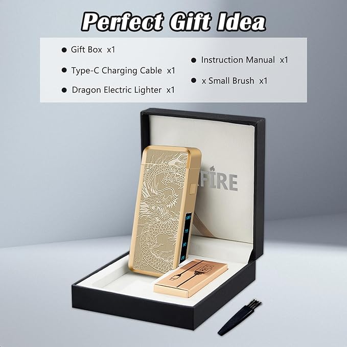 SKRFIRE Electric Lighter USB Type-C Rechargeable Plasma Arc Lighter, Windproof Torch Lighter High Power Flame Candle Lighter with LED Battery Indication for Camping, Hiking, Traveling(Gold Dragon)