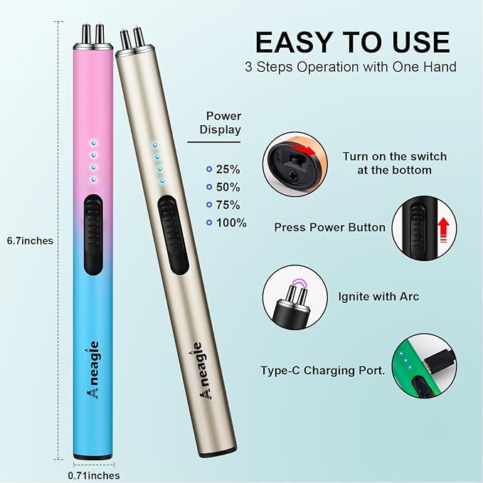 Electric Candle Lighter Upgraded USB Type-C Rechargeable Candle Lighter Windproof Flameless Plasma and LED Battery Display Arc Safety Candle Lighter for Candle Grill Camping