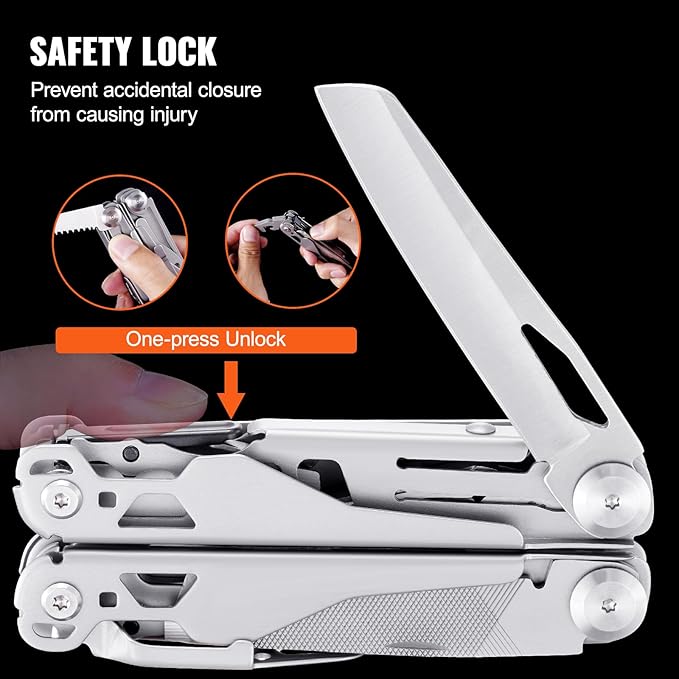 VEVOR 29-in-1 Multitool Pliers,Stainless Steel Multi Tool Pocket K-nife,Self-locking Multitool Pliers with Sheath & Replaceable Screwdrivers Bits -Perfect for Outdoor Survival, Camping, Hiking