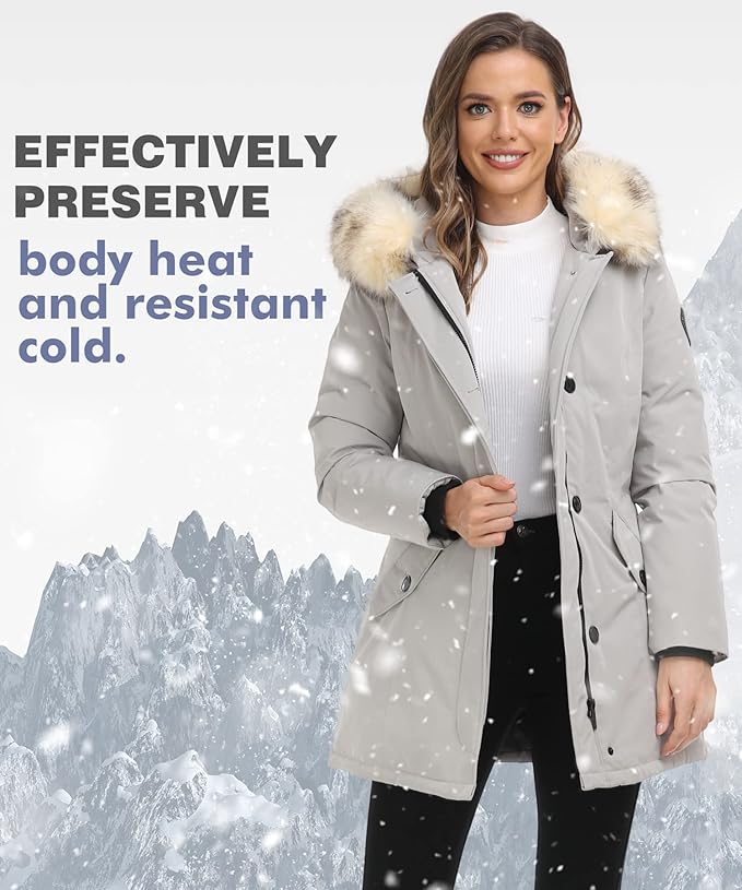 PUREMSX Duck Down Winter Coat for Women Insulated Long Thick Fur Hood Puffer Warm Parka Jacket