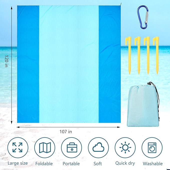 Batiyeer 4 Pcs Beach Blanket Sandproof Extra Large Beach Mat Anti Sand Waterproof Picnic Blanket Lightweight with 16 Stakes for Travel Camping Hiking Picnic (Lake Blue Dark Blue, 120 x 107 Inch)