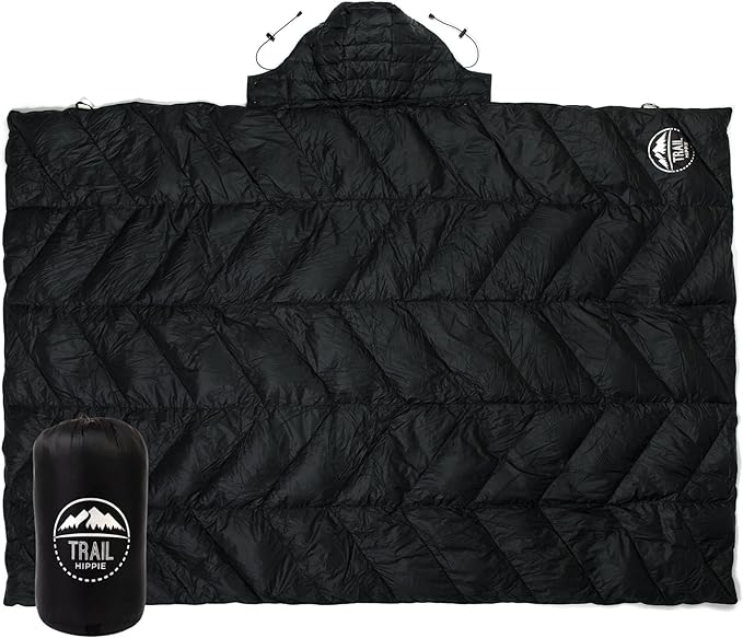 Luxurious Ultralight Down Camping Blanket | Perfect for Backpacking | Packable Puffy Outdoor Quilt with Hood & Pad Straps | Ideal for Travel Camping & Soccer Moms | 80x54 Black