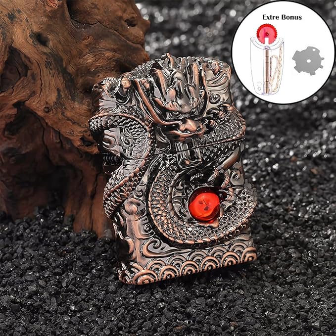 Dragon Lighter Premium Kerosene Soft Flame Lighter with Adjustable Flame, Refillable, Windproof and Pocket Size for Outdoor Camping, Travel, and Household Use (Bronze)