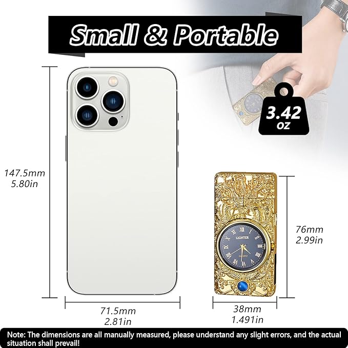 Lighter Multifunction with Led Display Arc Lighter Strong Windproof USB Rechargeable Lighter Fashion Luxury Metal Lighter with Clock Dial Suitable for Gifts(Gold)