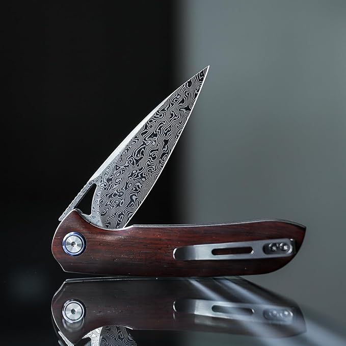 Handmade Folding Hunting Knife,3.5in 110 Layers Damascus Steel Liner Lock Rosewood Handle with Deep Carry Pocket Clip&Titanium Pivot Ring,Thumb Hole Flipper Opener with Ceramic Ball Bearing EDC Knives for Men,Sgr-01