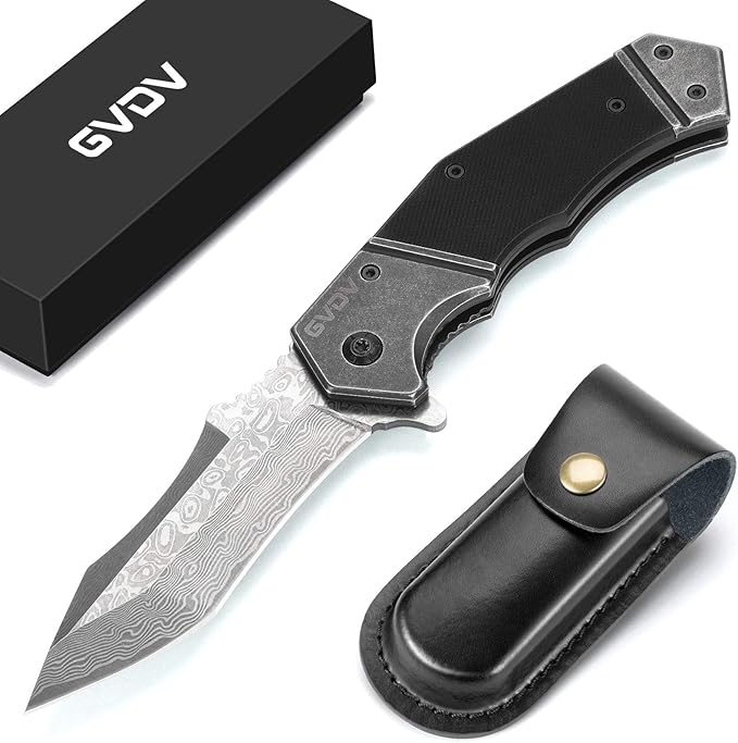 GVDV Damascus Steel Pocket Knife with G10 Handle, Handmade Folding Knife with Leather Sheath for Camping Survival, Knives for Men Dad Husband (Black)