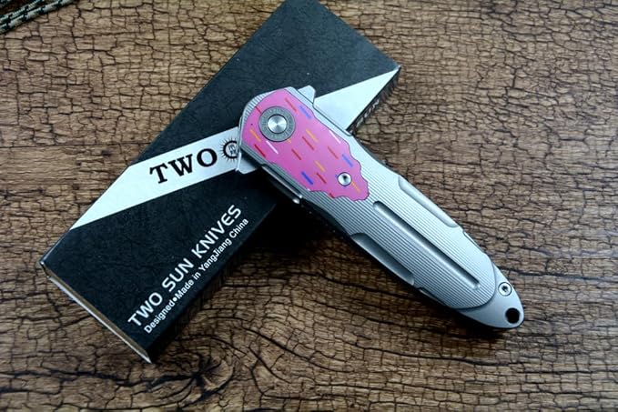 TWO SUN Spear Point 14C28N Folding Blade Hunting Knives Flipper Fast Open TC4 Titanium Handle TS514, pink