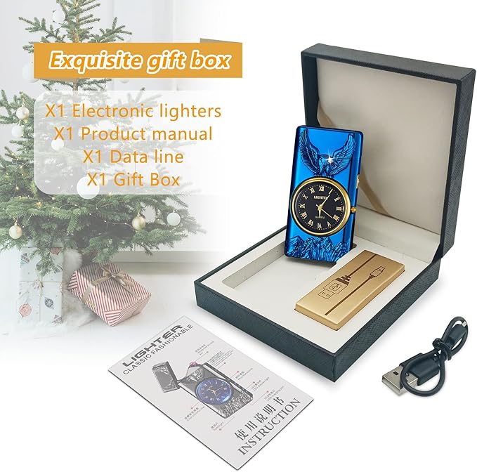 Plasma Dual Arc Lighter Electric Lighter Rechargeable Windproof Flameless Lighter,Luxury Metal Lighters with Flashlight(Blue)