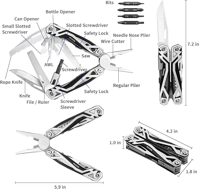 Multitool Pliers, 21-in-1 Stainless Steel Multi tool with Screwdriver, Bottle Opener, Nylon Sheath, Safety Locking Tool set