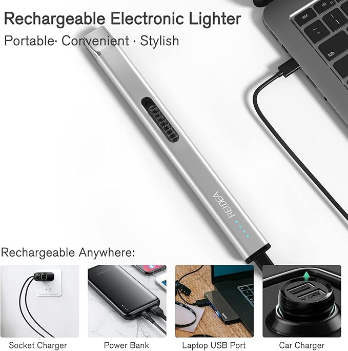 REIDEA Lighters 2 Pack R1 Flat Electronic Candle Lighter, Windproof Flameless USB Rechargeable Arc Lighter with Safe Button and Power Indicator for Candle, BBQ and Fireworks, Silver