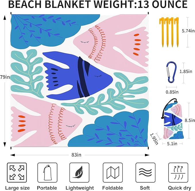 Beach Blanket Waterproof Sandproof 79"x 83" for 1-4 Adults,Quick Drying Beach Mat,Lightweight & Durable,Beach Essentials for Family Beach Camping Travel Picnic (Pink Fish)