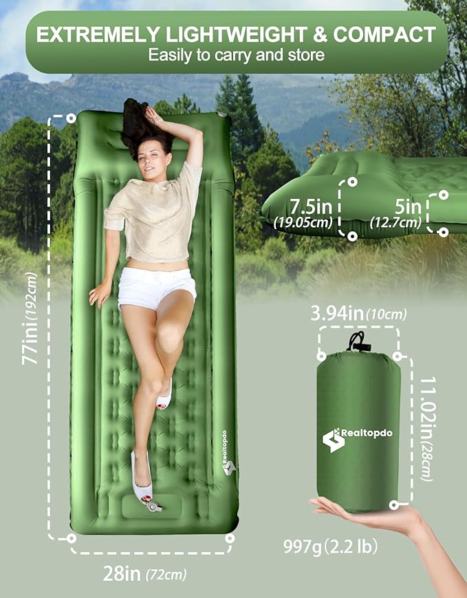 Sleeping Pad for Camping Extra Thick 5'' - Camping Sleeping Mat with Pillow, Self Inflating Camping Pad Built-in Foot Pump, Inflatable Mattress Camping Backpacking Hiking Traveling (Green)