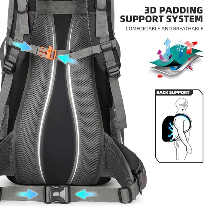 King'sGuard 70L Hiking Backpack Large Lightweight Waterproof Camping Backpack Travel Backpacking Backpack Daypack with Rain Cover -Frameless (Black)