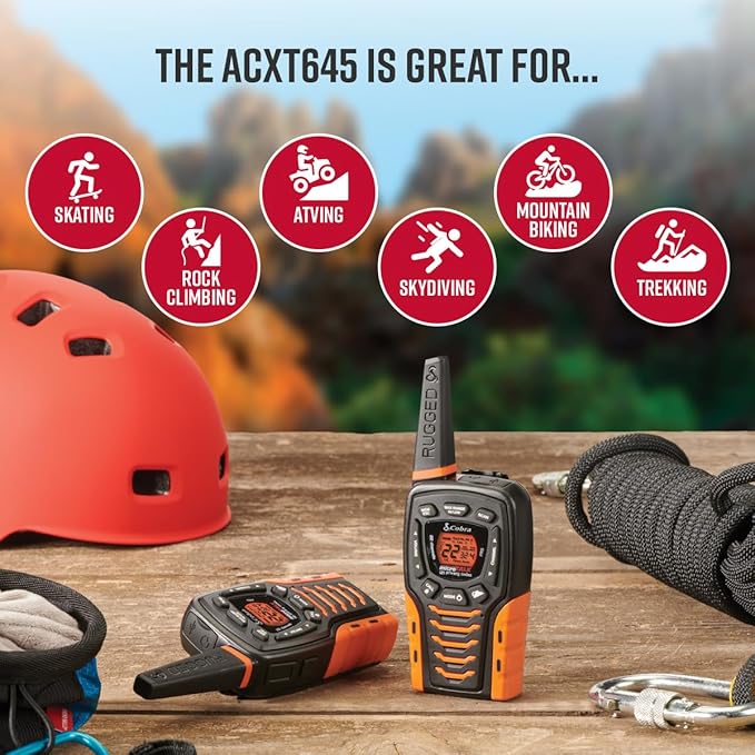 Cobra ACXT645 Waterproof Walkie Talkies for Adults - Rechargeable, 22 Channels, Long Range 35-Mile Two-Way Radio Set (Pack of 2)), Black and Orange, 1.74 x 2.54 x 6.74 inches