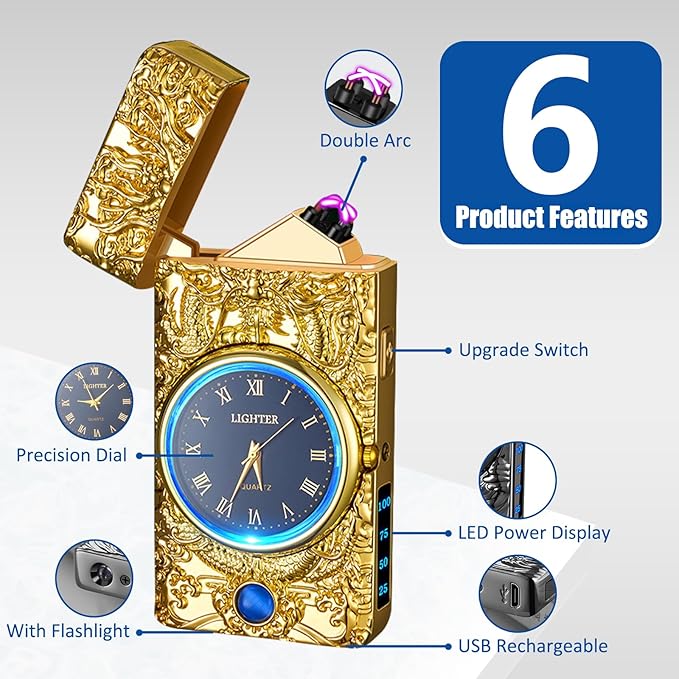 Cool Lighter with Clock Dial Electric Lighter with LED Power Display Plasma Lighter Windproof USB Rechargeable Lighter Gifts for Men Women(GoldDragon)