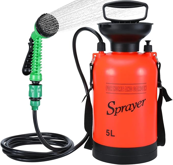 Finderomend Portable Shower for Camping with 7 Spray Modes, Hand Press Camping Shower with Removable Hose and Shower Head,5L