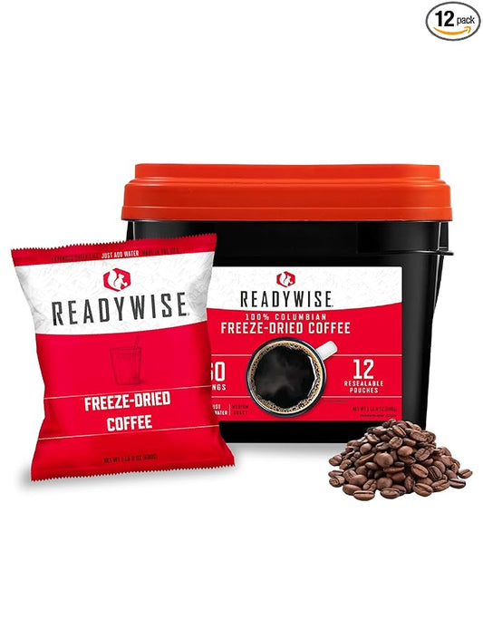 READYWISE - Freeze-dried Coffee Bucket, 360 Servings, Emergency, MRE Meal & Drink Supply, Premade, Freeze Dried Survival Drink for Hiking, Adventure and Camping Essentials, Individually Packaged, 12 Resealable Pouches