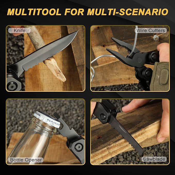 Rock Pocket Multitool for Camping, Gifts for Men 14-in-1 Solid Multi Tools with Knife Plier, Great Grip Safety Locking Design Survival Tools & Simple Repair Tool