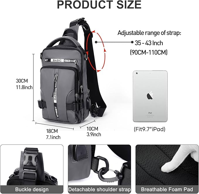 Sling Bag for Men Women, Mini Anti Theft One Strap Motorcycle Sling Backpack, Small Sling Chest Bag Daypack Crossbody Backpack for Casual Travel Hiking Gym Outdoor Sports Grey