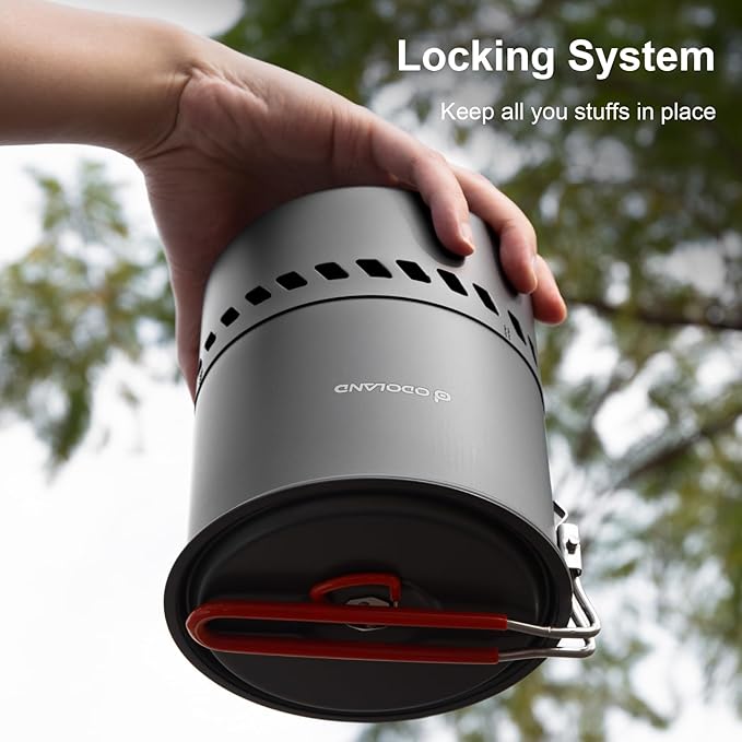 Odoland Portable Pot with Backpacking Stove 5-in-1 Energy Saving Camping Cookware Mess Kit for Hiking, Trekking, Fishing and Picnic