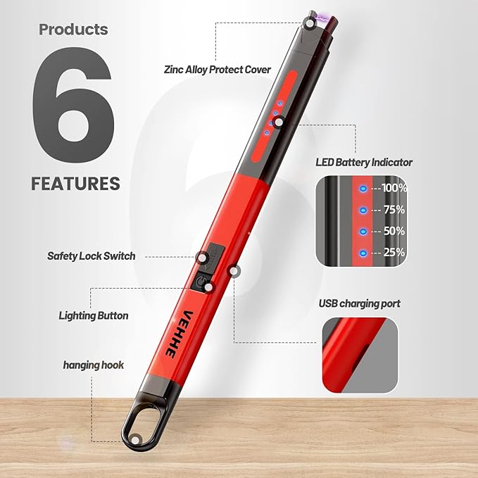 VEHHE Electric Lighter, Candle Lighter Rechargeable USB, Long Plasma Lighters with Safety Lock and LED Display, Pocket Size for Camping Outdoor Party - Red