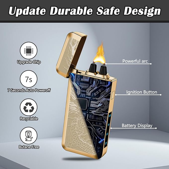 SKRFIRE Electric Lighter USB Type-C Rechargeable Plasma Arc Lighter, Windproof Torch Lighter High Power Flame Candle Lighter with LED Battery Indication for Camping, Hiking, Traveling(Gold Dragon)