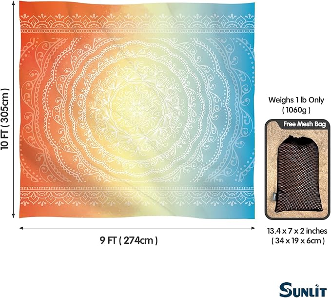 Sunlit 10'x9' Extra Large Boho Sand Proof Beach Blanket, Sand Proof Mat with Corner Pockets and Mesh Bag for Beach Party, Travel, Camping and Outdoor Music Festival, Light Orange and Sky Blue Mandala
