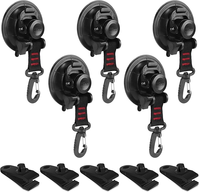 Vashly Heavy Duty Suction Cup 5Pcs Strong Suction Cups with Hooks and 5Pcs Tarp Clips Deavy Duty Lock Grip for Car Awning Boat Camping Trap Tie Down