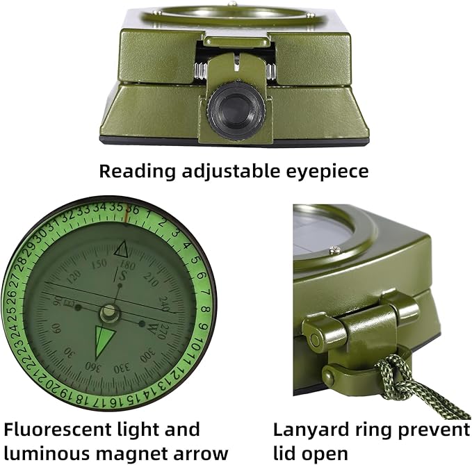 Military Lensatic Compass for Hiking Survival Camping Hunting Gifts Army Waterproof Pocket Compass for Men Magnetic Map Metal Tactical Large Navigation Tritium Compass with Mirror