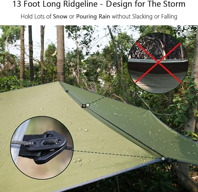 Hammock Rain Fly Tent Tarp Provides Effective Protection Against Rain, Snow. 32ft Long Ridgeline. Big 9.8x9.5ft Durable, Waterproof 210D Oxford. 6 Reflective Guy Lines, 2 Stuff Sacks. Easy Assembly