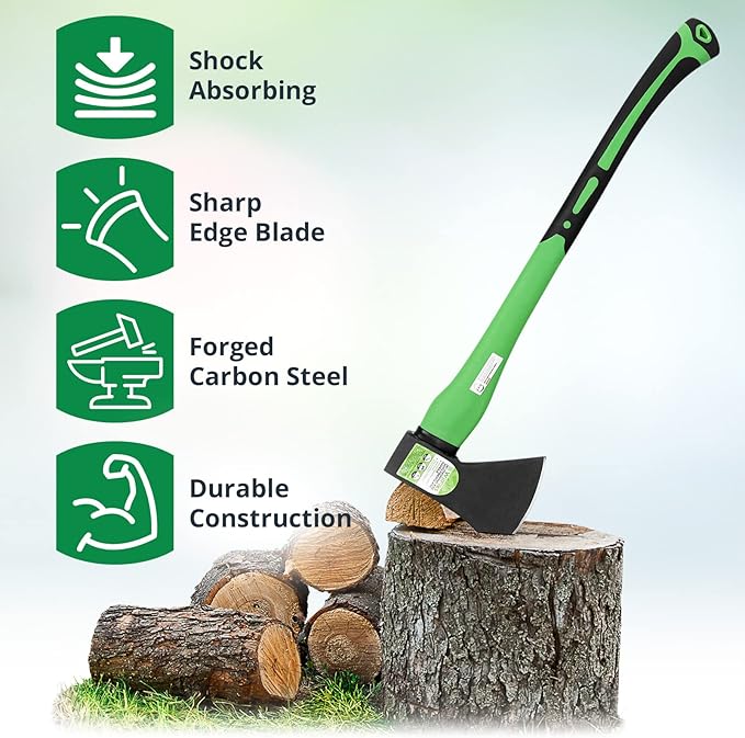 WilFiks Chopping Axe, 26” Camping Outdoor Hatchet for Wood Splitting and Kindling, Forged Carbon Steel Heat Treated Hand Maul Tool, Fiberglass Shock Reduction Handle with Anti-Slip Grip